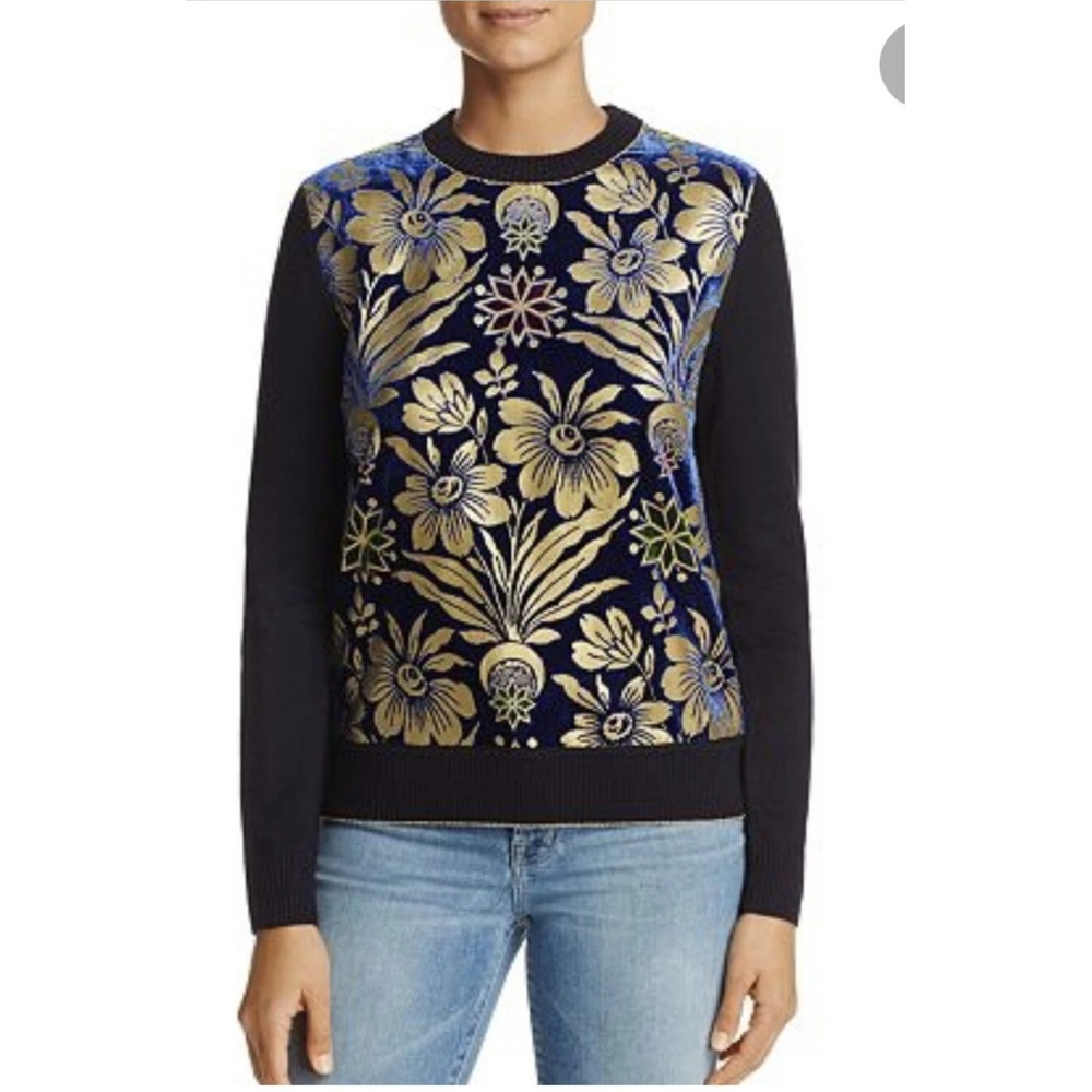 TORY BURCH Hollis Floral Velvet Mixed Blue Gold Metallic Media Sweater Merino SM